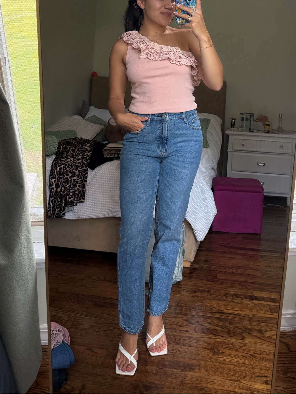 Express Blush Pink Lace-Trim One Shoulder Top